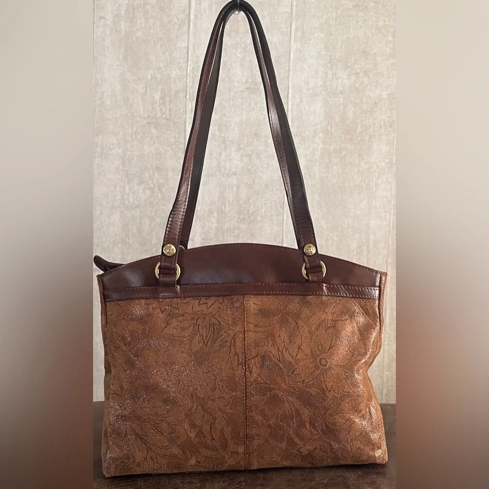 Patricia Nash Poppy Tote Peruvian Tooling Nappa Etched Floral Brown Shoulder Bag